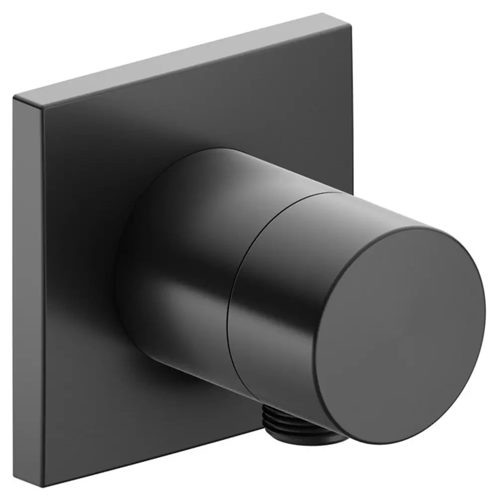 Schwarzes Absperrventil von Keuco mit quadratischer Wandplatte und runder, senkrechter Verbindung für Schlauchanschluss.